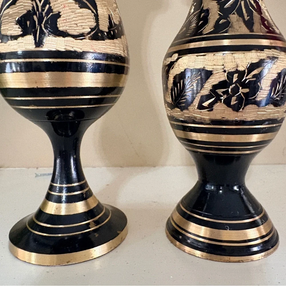 Pair of Vintage Indian Brass Vases - Black Enamel with Hand Etched Design